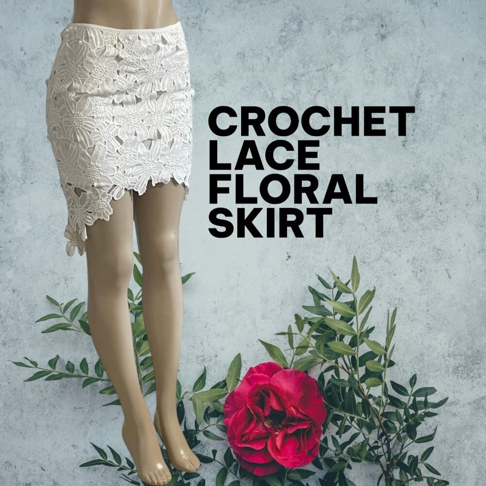 Signature 8 Sultry Romantic Crochet Lace Skirt | Scallop Asymmetrical Hem - NWT
